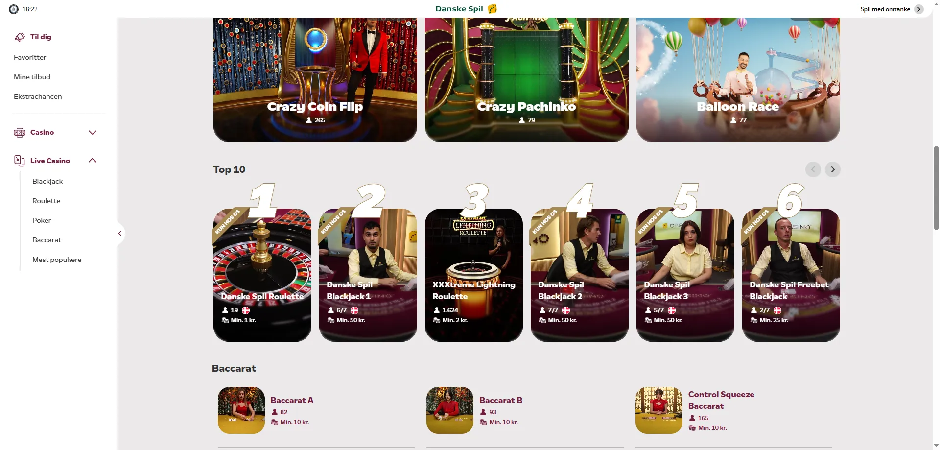 DanskeSpil Casino live dealer bordspil – roulette, blackjack og baccarat